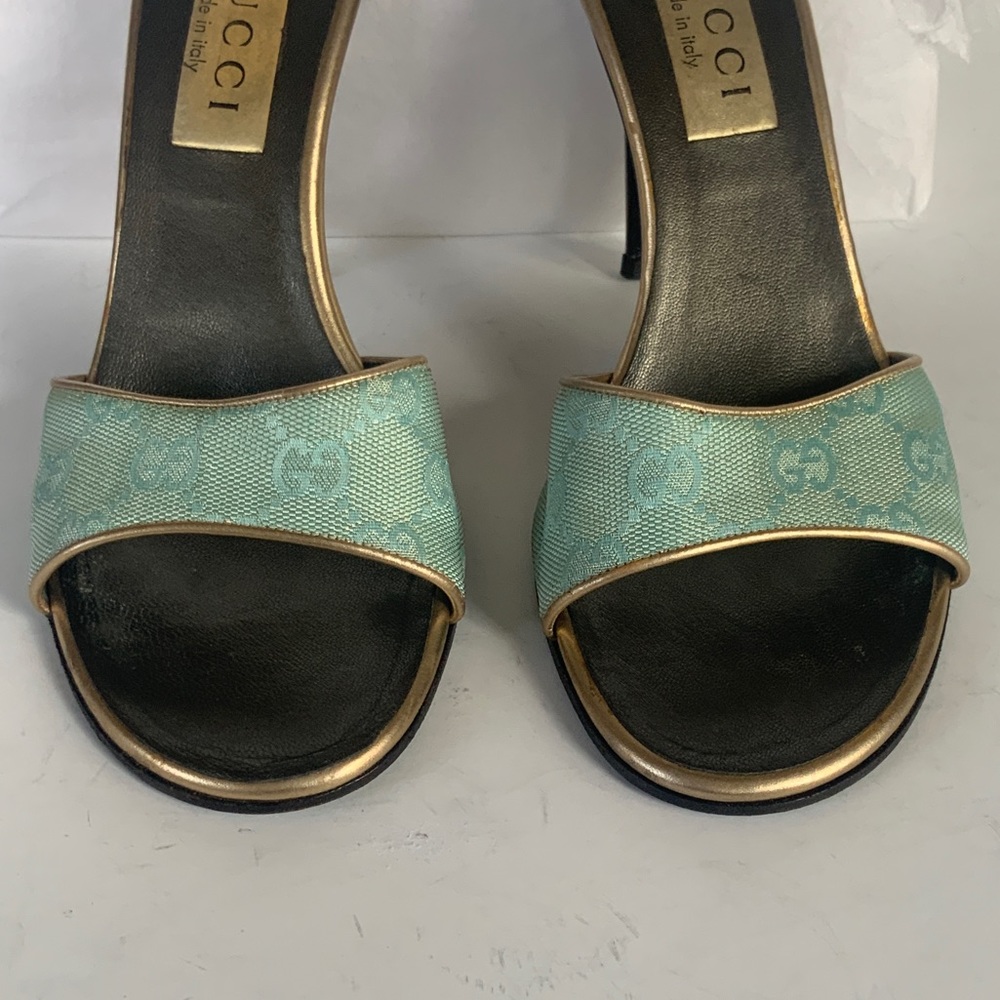 Gucci GG logo blue green canvas slide sandal  37.5 - Picture 4 of 8